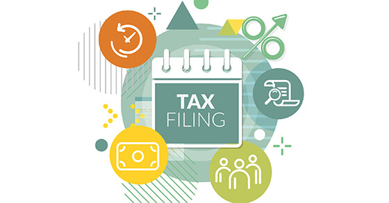 graphic with a green square in the center and the words "tax filing" on it. Surrounding the square is an orange circle in the top left that looks like a clock, bottom left is a yellow circle with an outline of a bill, bottom right is a green circle with the outline of three people and top right is the outline of a lamp and magnifying glass.