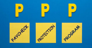 blue backgound with 3 letter "P"'s aboved three yellow boxes that say "Paycheck", "Protection", "Program" inside of each.