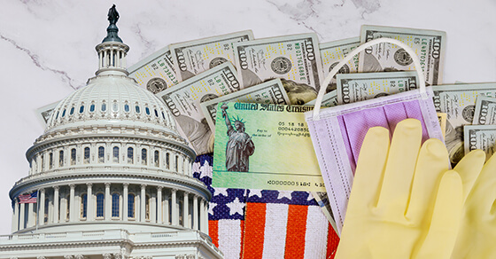 picture of the top of the capital building, a mask, part of the American flag, a bill with the statue of liberty, a rubber glove and bills