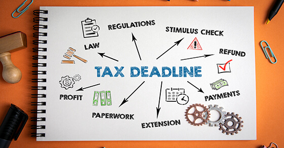 graphic with the words "tax deadline" in the middle and arrows pointing to additional graphics. Those additional graphics include "regulations" with a clipboard, "law" with a gavel, "stimulus check" with an exclamation point, "refund" with a checkmark box, "payments" with money, "extension" with a calendar, "paperwork" with binders, "profit" with gears