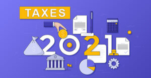 a graphic with the number "2021" and images of a sack filled with something, a hand with a coin, a pie graph, treasury building, document with a checkmark on it and a piece of paper with a pen next to it.