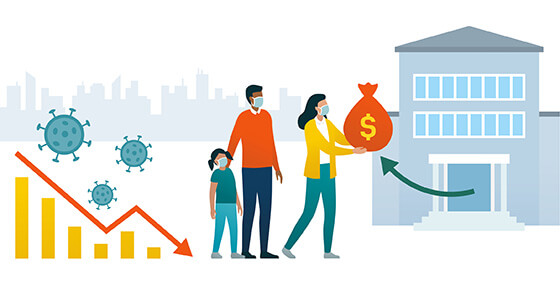 image of two adults and a child. to the left is a graph depicting a downward trend and virus symbols. to the right of the people is a bank an arrow pointing to one of the adults holding a money bag. 