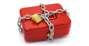cash box with chains and a padlock