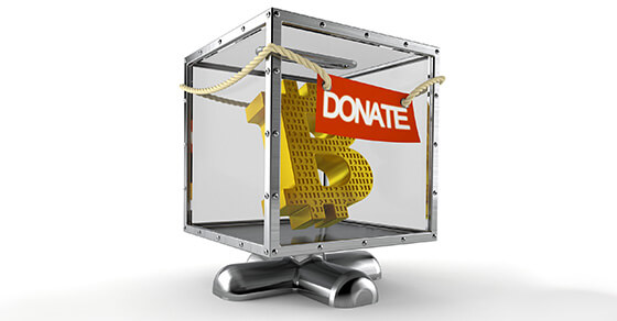 the symbol of Bitcoin ("B") inside a see-through box with the label "donate" hanging on the front.