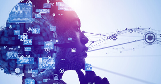 image of a womans profile and an overlay of mechanical symbols or images over the profile of the picture.