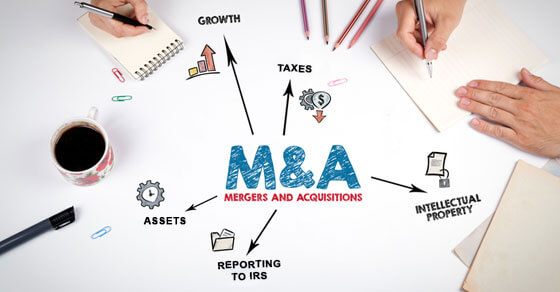 M&A graphic. M&A (mergers and acquisitions) in the middle and outside have icons depicting the various parts involved in a M&A engagement such as taxes, growth, assets, etc.