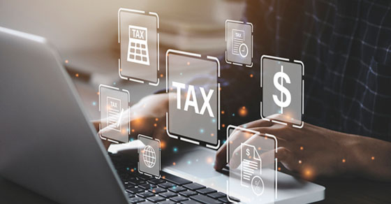 image of a keyboard and images appear on the screen such as "TAX" "$", calculator symbol.