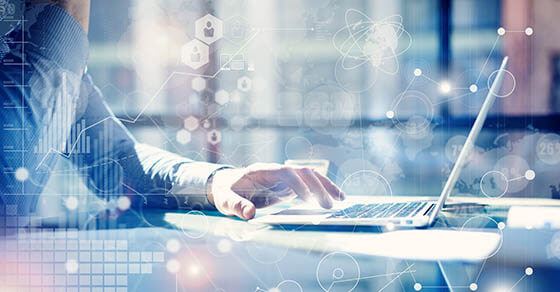 Man Typing Keyboard Laptop Hand.Project Manager Researching Process.Business Team Working Startup modern Office.Global Strategy Virtual Icon.Innovation Graphs Interfaces.Analyze market stock.Blurred