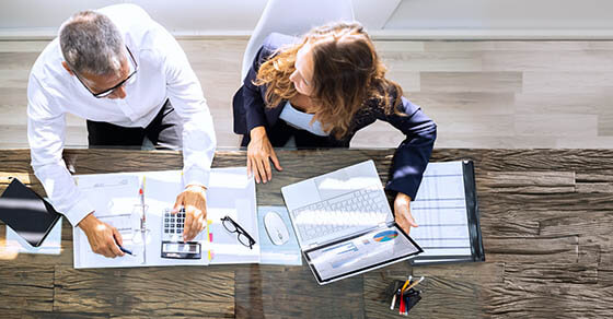 Manager And Senior Accountant Using Laptop In Office