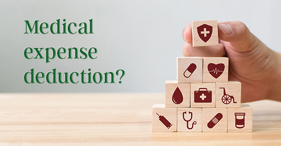 Graphic of block peramid with medical logos on them and the text "medical expense deduction?" next to it.