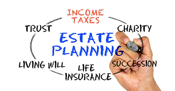 chart with Estate Planning in the middle and words surrounding it: Income taxes, Charity, Succession, Life insurance, Living will, Trust