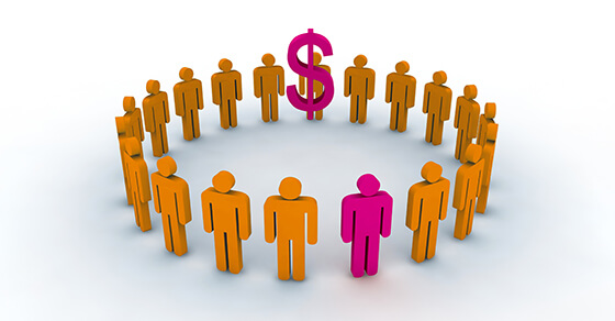 graphics of people in a circle with a dollar sign.