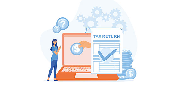 graphic of a woman next to a laptop with a "tax return" form and a check mark on it, in front of the laptop.