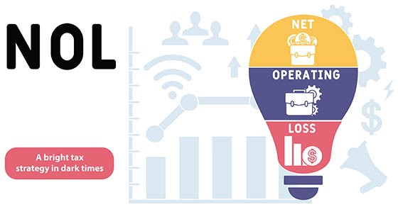 graphic with "NOL" and "a bright tax strategy in dark times" written on it. There is an image of a lightbulb with "NET" "OPERATING" "LOSS" inside as well. 