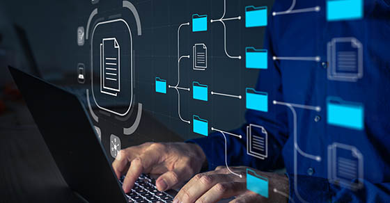 Document Management System (DMS) being setup by IT consultant working on laptop computer in office. Software for archiving, searching and managing corporate files and information. Business processes