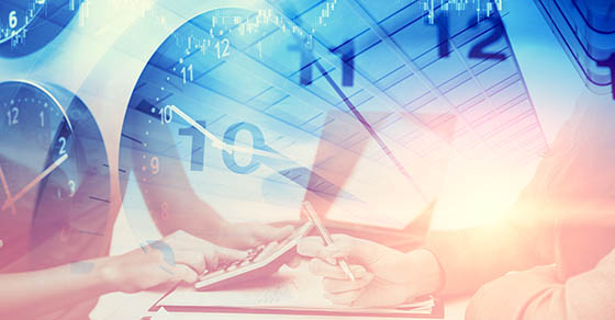 Office hours business times working day concept. Time clocks overlay with business people work together busy with marketing chart.