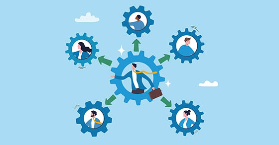 Work delegation, assign responsibility, collaboration task, teamwork efficiency or team productivity, process for manager to delegate work to employee, business teamwork delegate gear collaboration.