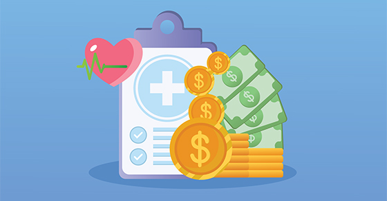 image of a medical clipboard with money and a heart with heartbeat lines inside.