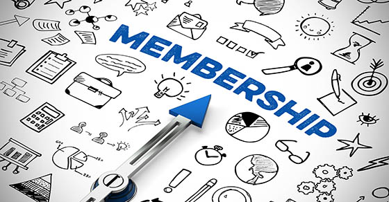 Blue compass arrow pointing to the inscription Membership between icons as a business concept