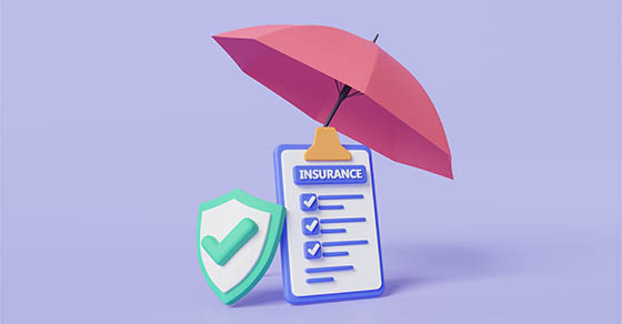 Document with shield protection and umbrella about Insurance concept. Health insurance, Insurance Policy, Accident insurance, health, home, life, travel. Policy guarantee. 3d rendering illustration
