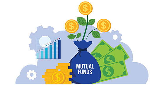 illustration of a an upright bag of money with "mutual funds" on it and flowers growing out of it with coins and money beside it.