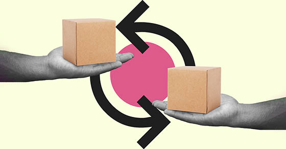 Flat collage concept of hands exchanging cardboard boxes with arrows, symbolizing trade, shipping, and logistics.